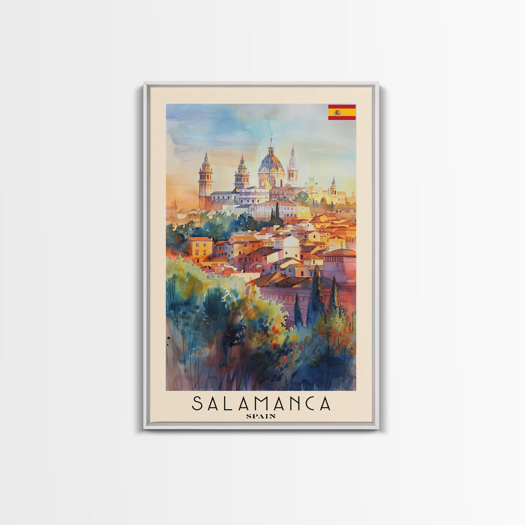 Salamanca Spain Travel Poster Framed Canvas Print, Watercolor Painting, Scenic Wall Art, Home Decor, Spanish Cityscape, Artistic Decor