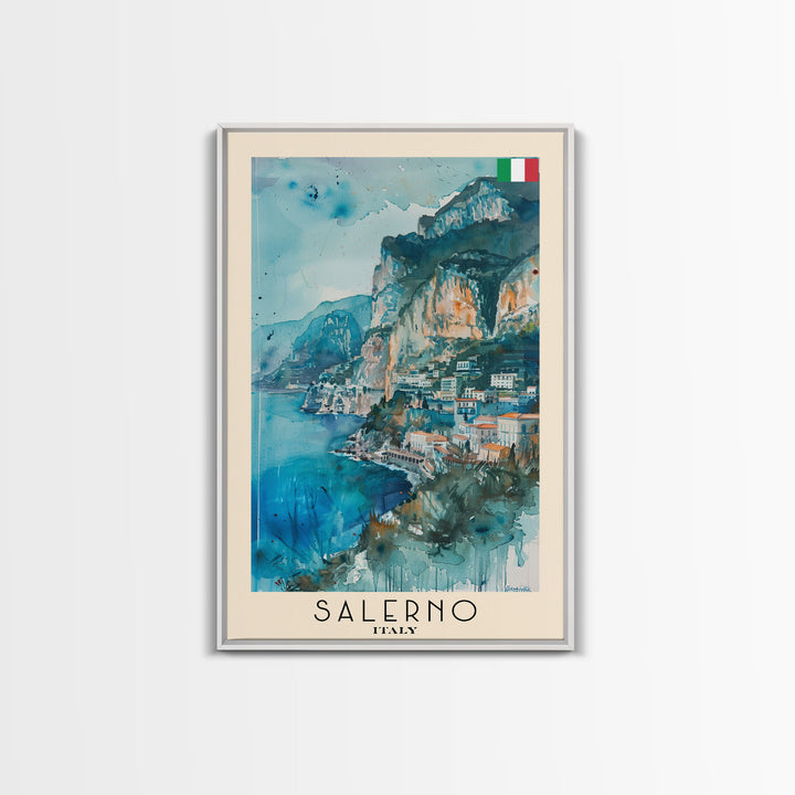 Salerno Italy Travel Poster Framed Canvas Print, Watercolor Painting, Coastal Wall Art, Home Decor, Italian Seaside, Modern Art
