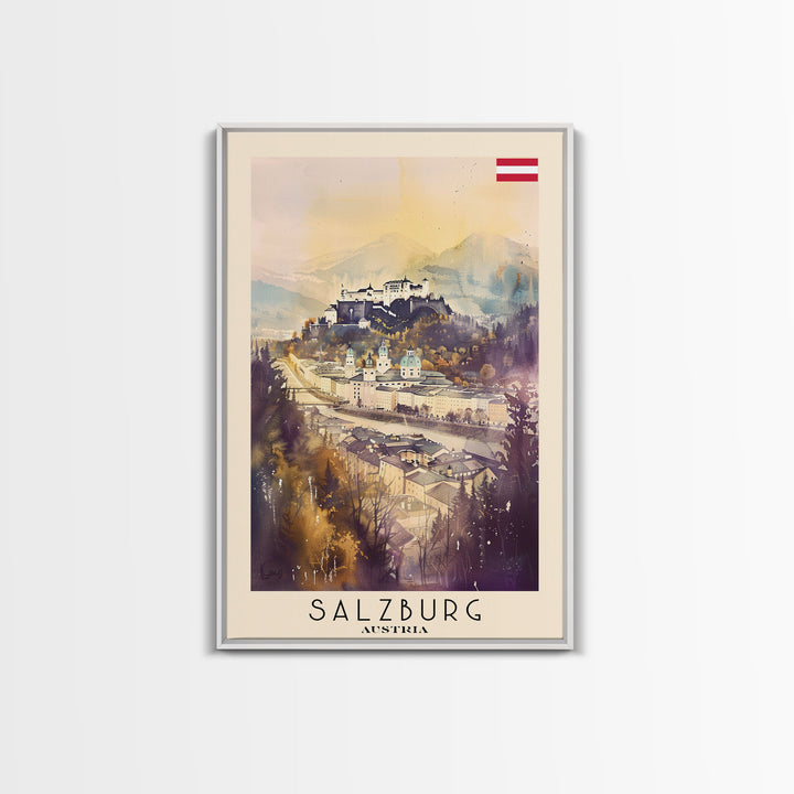 Salzburg Austria Travel Poster Framed Canvas Print, Watercolor Painting, Historic Wall Art, Home Decor, Austrian Architecture, Classic Decor