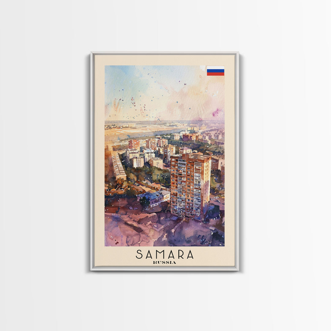 Samara Russia Travel Poster Framed Canvas Print, Watercolor Painting, Scenic Wall Art, Home Decor, Russian Landscape, Vibrant Decor