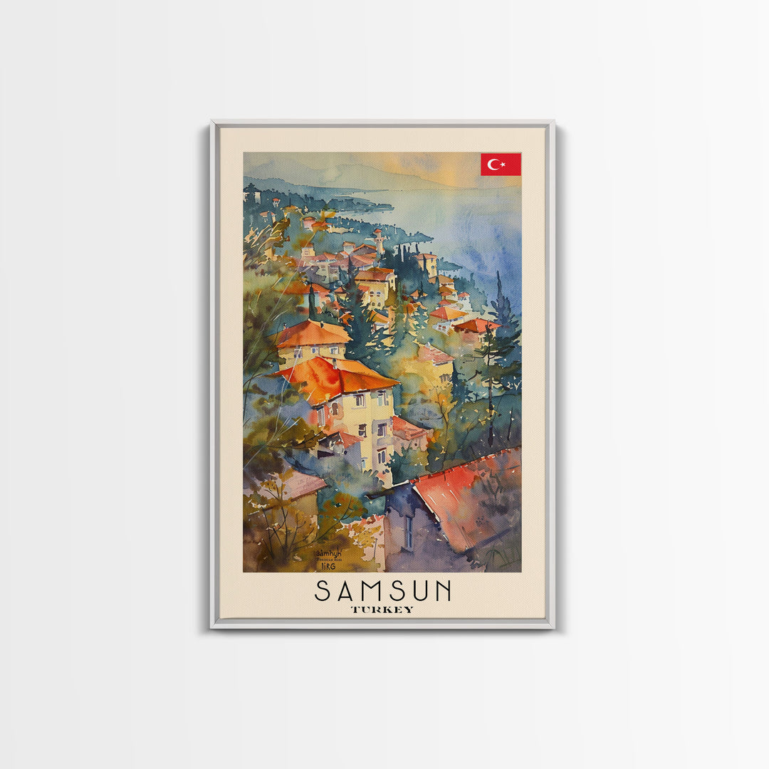 Samsun Turkey Travel Poster Framed Canvas Print, Watercolor Painting, Coastal Wall Art, Home Decor, Turkish Seaside, Modern Decor