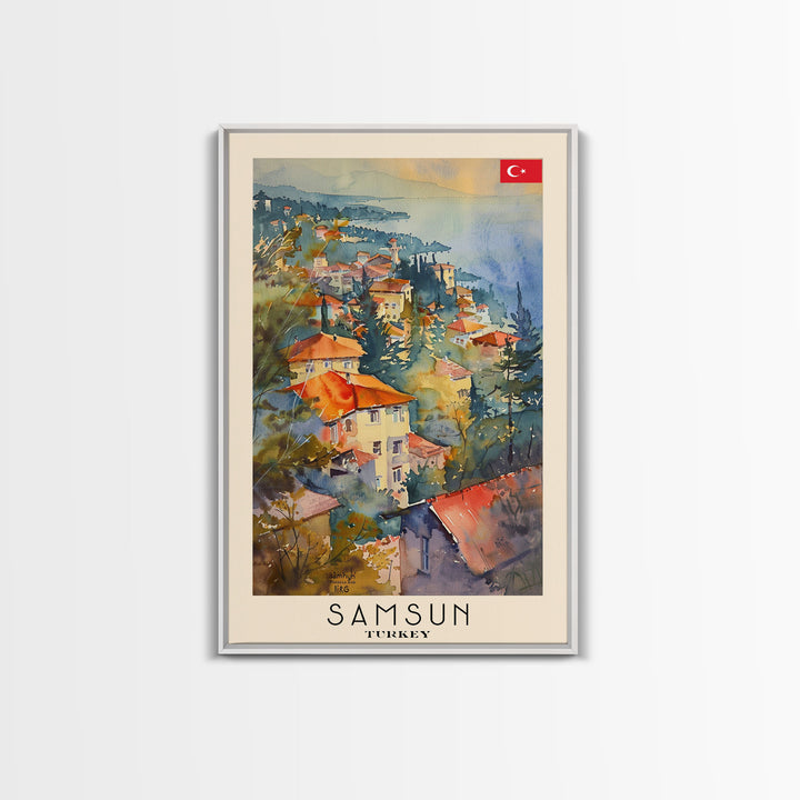 Samsun Turkey Travel Poster Framed Canvas Print, Watercolor Painting, Coastal Wall Art, Home Decor, Turkish Seaside, Modern Decor