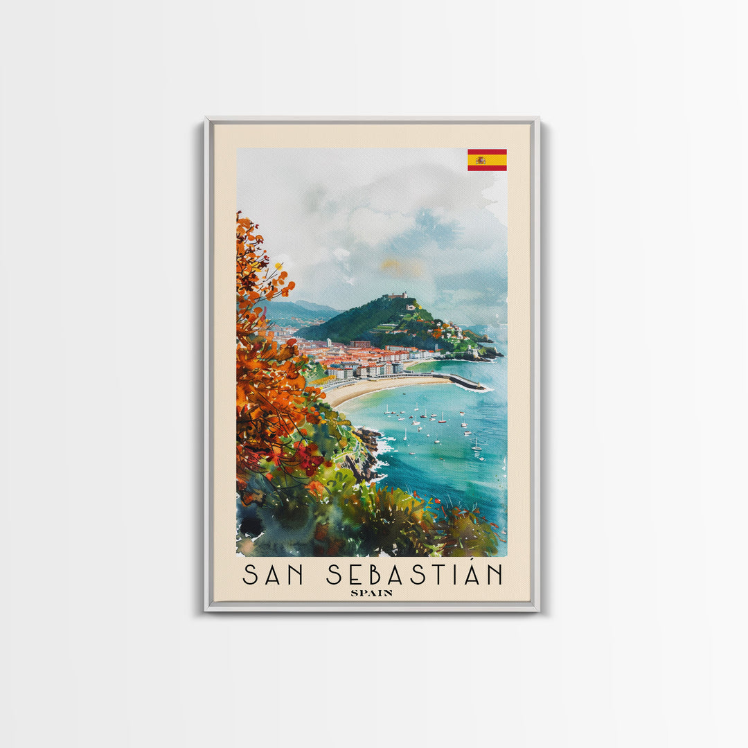 San Sebastian Spain Travel Poster Framed Canvas Print, Watercolor Painting, Coastal Wall Art, Home Decor, Spanish Seaside, Vibrant Art
