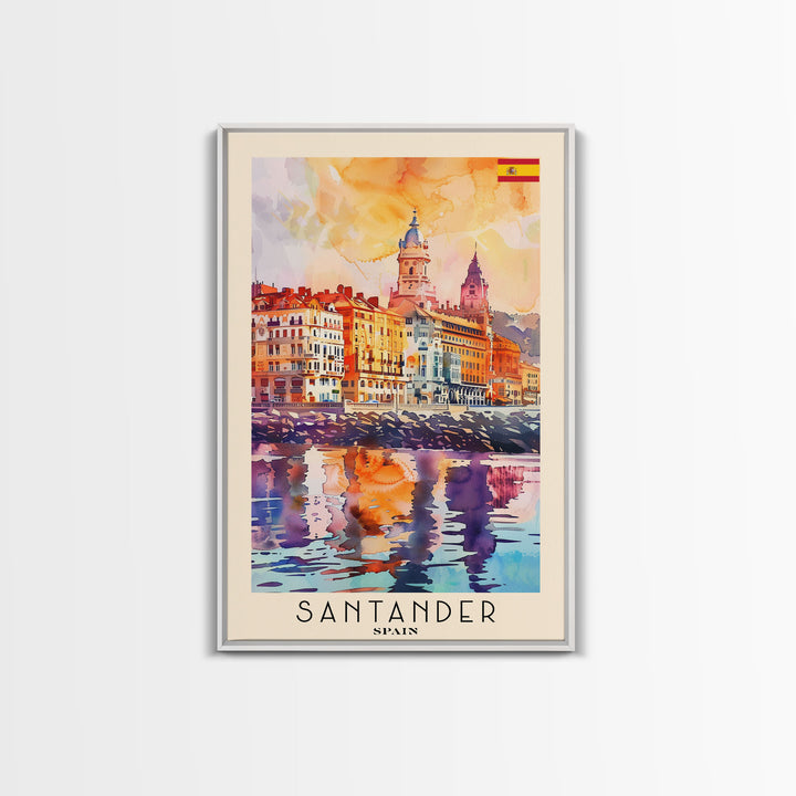 Santander Spain Travel Poster Framed Canvas Print, Watercolor Painting, Coastal Wall Art, Home Decor, Spanish Seaside, Vibrant Art