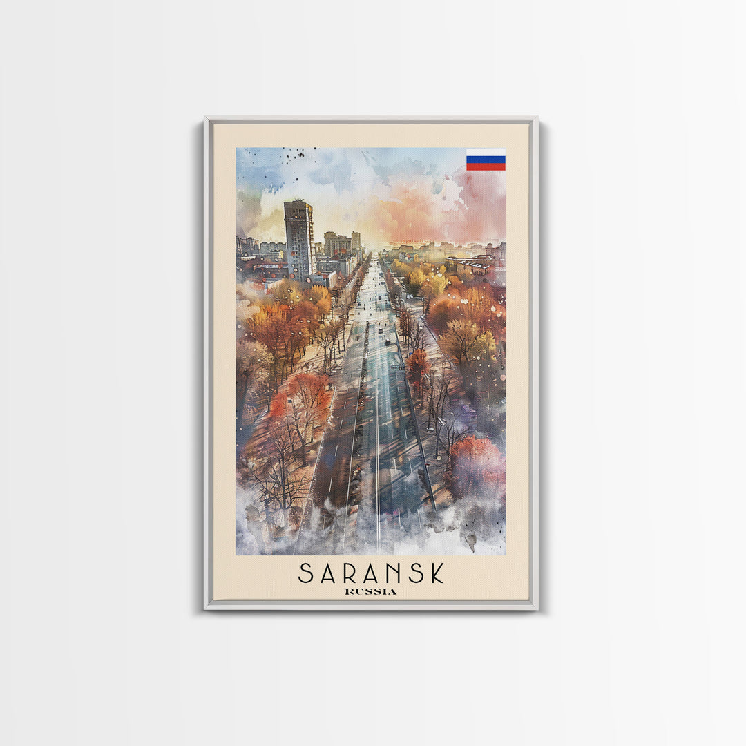 Saransk Russia Travel Poster Framed Canvas Print, Watercolor Painting, Urban Wall Art, Home Decor, Russian Cityscape, Modern Decor