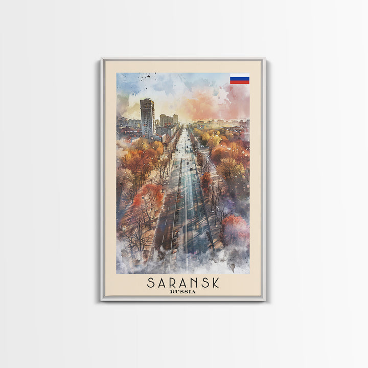Saransk Russia Travel Poster Framed Canvas Print, Watercolor Painting, Urban Wall Art, Home Decor, Russian Cityscape, Modern Decor