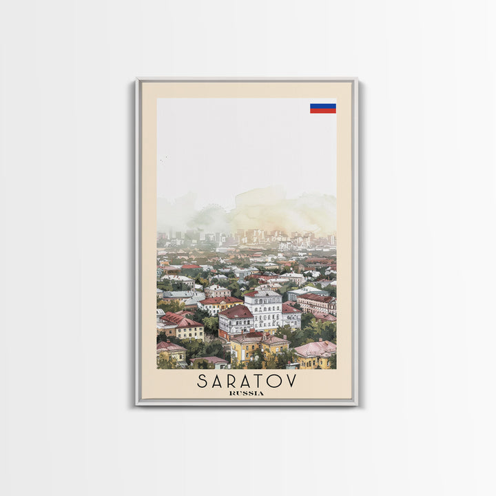 Saratov Russia Travel Poster Framed Canvas Print, Watercolor Painting, Scenic Wall Art, Home Decor, Russian Landscape, Vibrant Decor