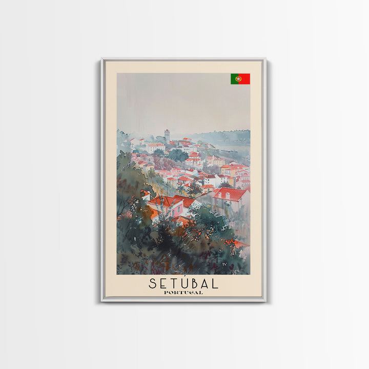 Setubal Portugal Travel Poster Framed Canvas Print, Watercolor Painting, Coastal Wall Art, Home Decor, Portuguese Seaside, Artistic Art
