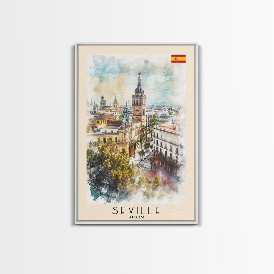 Seville Spain Travel Poster Framed Canvas Print, Watercolor Painting, Historic Wall Art, Home Decor, Spanish Architecture, Vibrant Decor