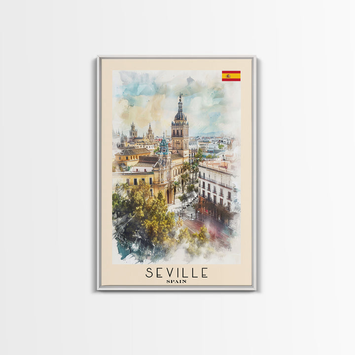 Seville Spain Travel Poster Framed Canvas Print, Watercolor Painting, Historic Wall Art, Home Decor, Spanish Architecture, Vibrant Decor