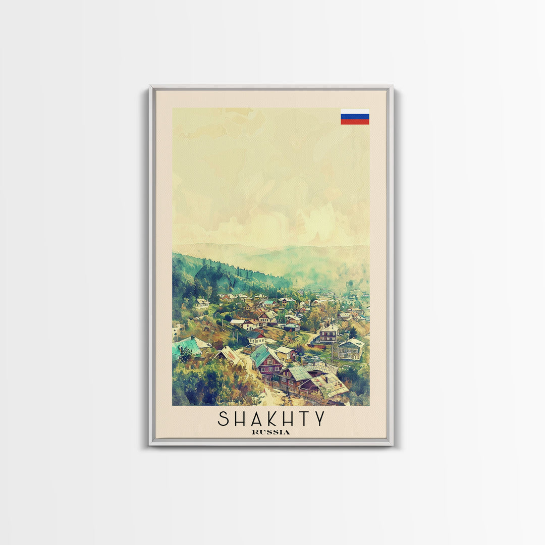Shakhty Russia Travel Poster Framed Canvas Print, Watercolor Painting, Urban Wall Art, Home Decor, Russian Cityscape, Modern Art