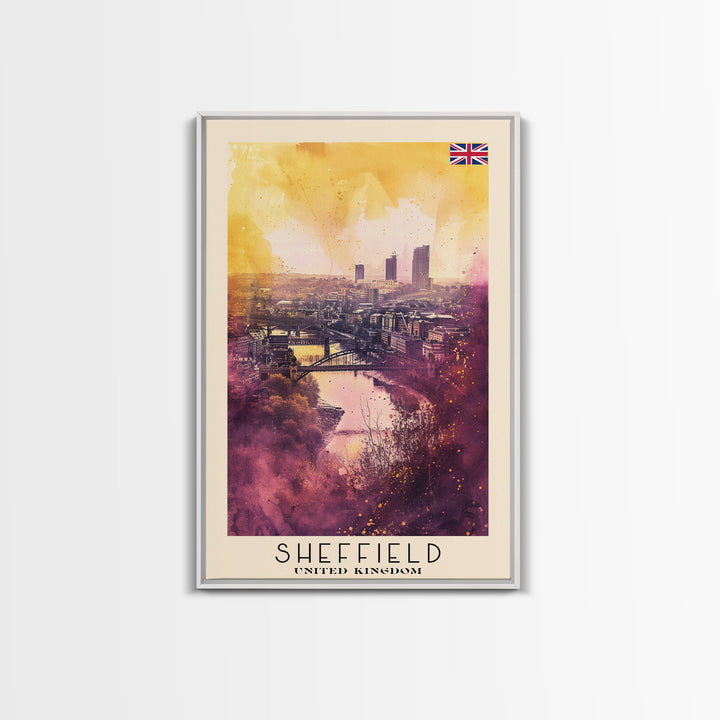 Sheffield United Kingdom Travel Poster Framed Canvas Print, Watercolor Painting, Urban Wall Art, Home Decor, British Cityscape, Artistic Decor
