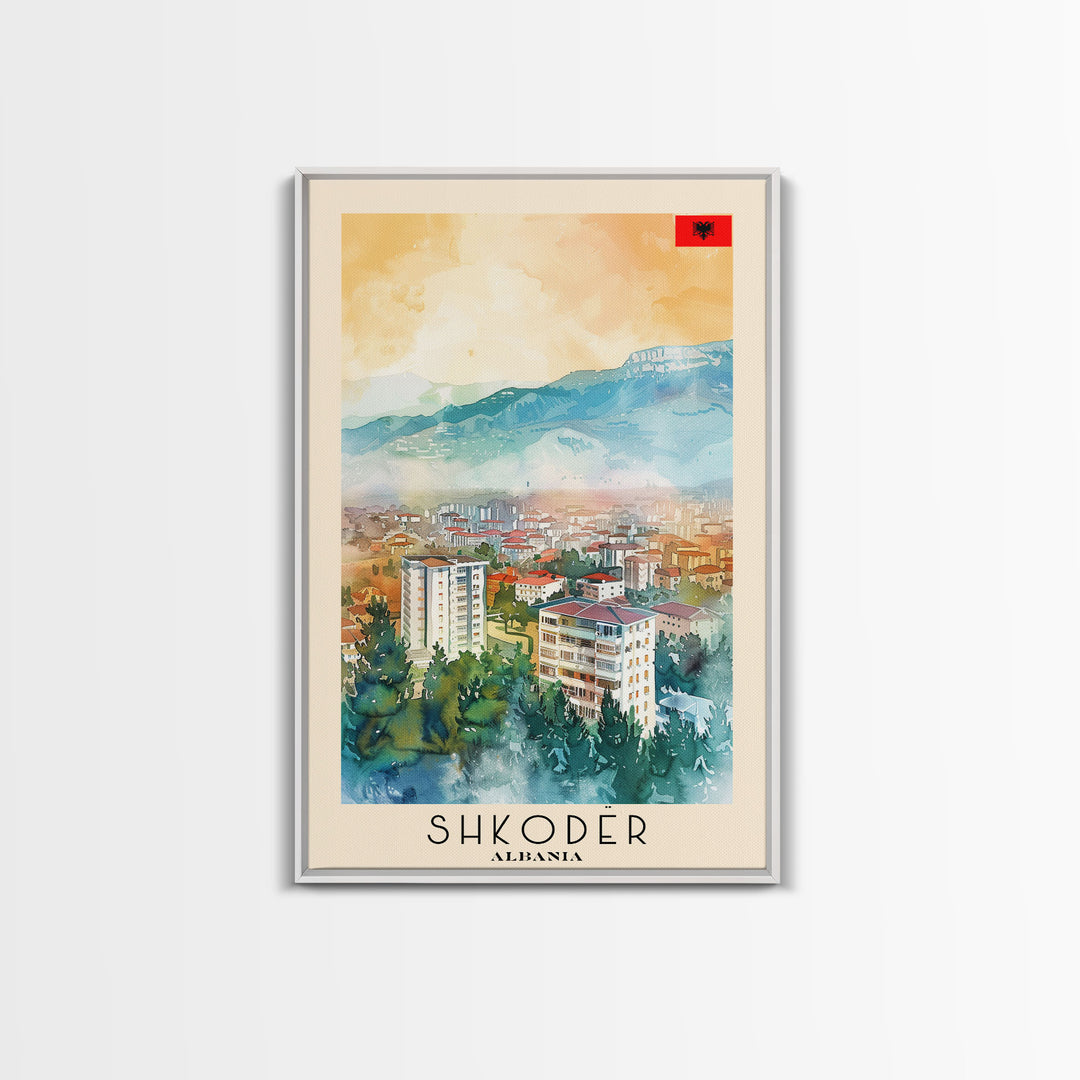 Shkoder Albania Travel Poster Framed Canvas Print, Watercolor Painting, Scenic Wall Art, Home Decor, Albanian Landscape, Classic Art