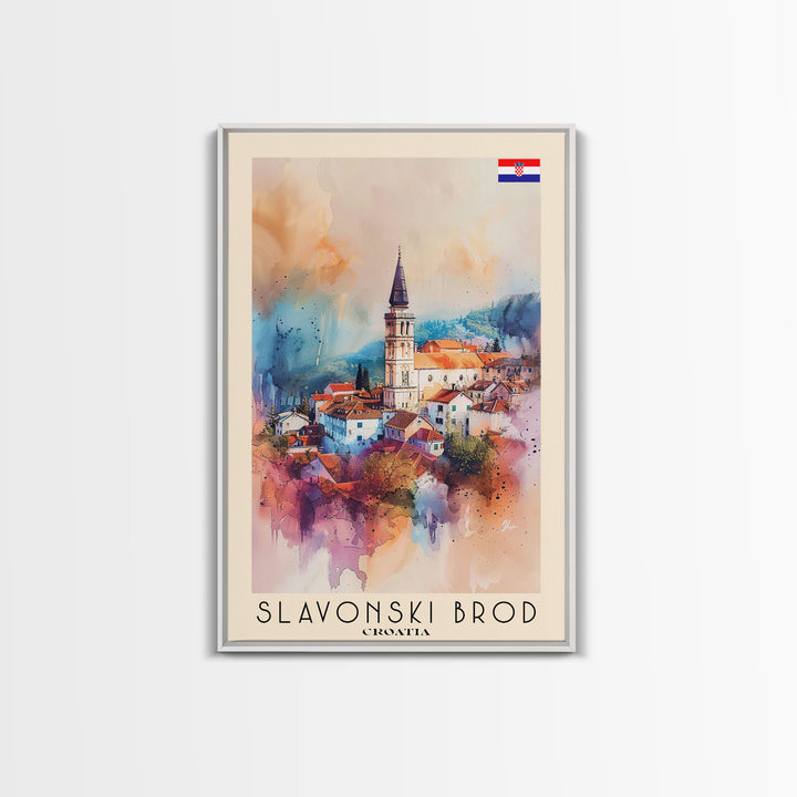 Slavonski Brod Croatia Travel Poster Framed Canvas Print, Watercolor Painting, Scenic Wall Art, Home Decor, Croatian Cityscape, Classic Art