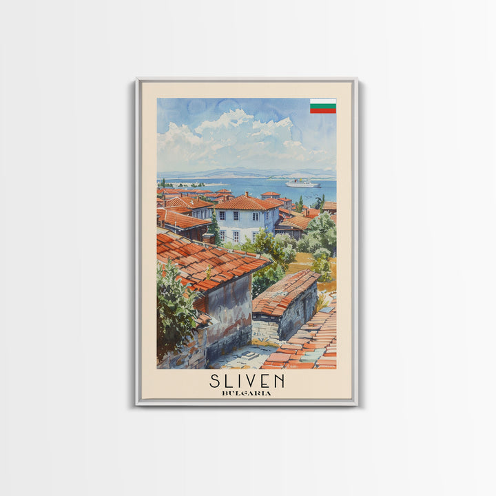 Sliven Bulgaria Travel Poster Framed Canvas Print, Watercolor Painting, Scenic Wall Art, Home Decor, Bulgarian Landscape, Artistic Decor