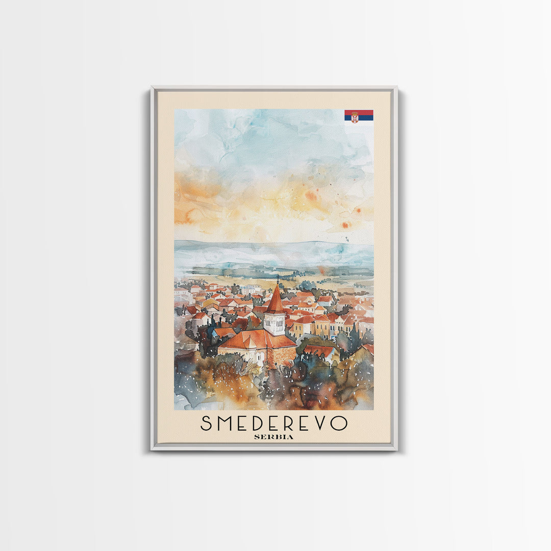 Smederevo Serbia Travel Poster Framed Canvas Print, Watercolor Painting, Scenic Wall Art, Home Decor, Serbian Cityscape, Modern Art