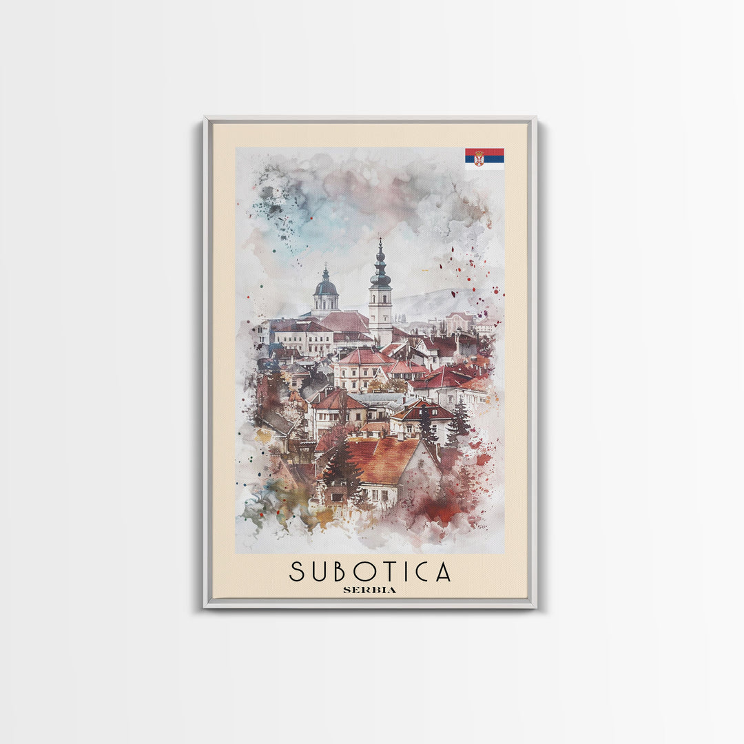 Subotica Serbia Travel Poster Framed Canvas Print, Watercolor Painting, Scenic Wall Art, Home Decor, Serbian Landscape, Vibrant Decor