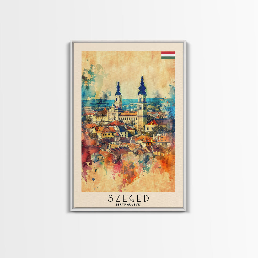 Szeged Hungary Travel Poster Framed Canvas Print, Watercolor Painting, Scenic Wall Art, Home Decor, Hungarian Cityscape, Vibrant Art
