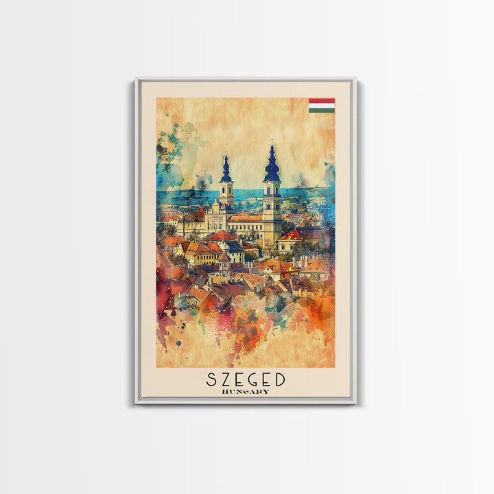 Szeged Hungary Travel Poster Framed Canvas Print, Watercolor Painting, Scenic Wall Art, Home Decor, Hungarian Cityscape, Vibrant Art