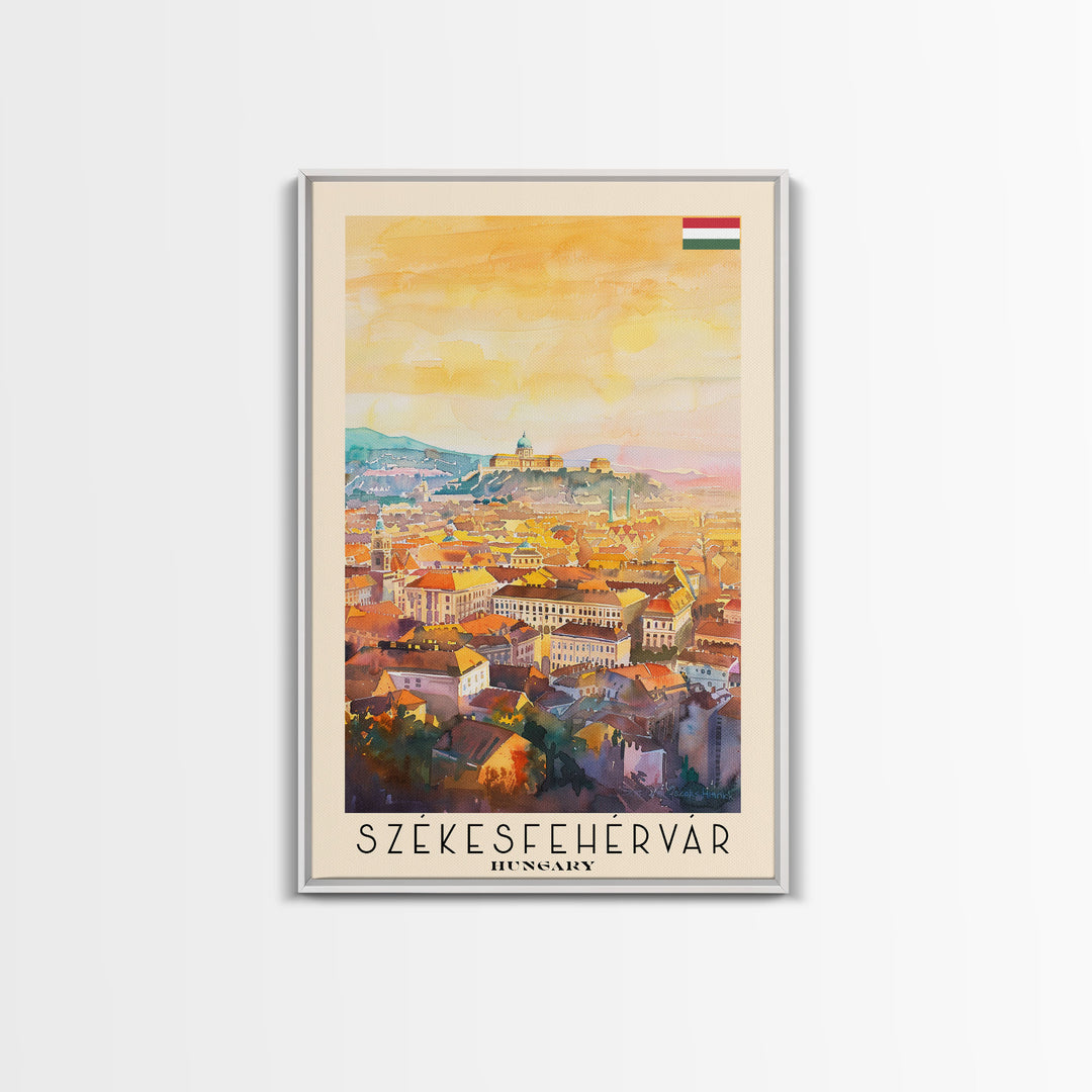 Szkesfehrvar Hungary Travel Poster Framed Canvas Print, Watercolor Painting, Scenic Wall Art, Home Decor, Hungarian Architecture, Artistic Decor
