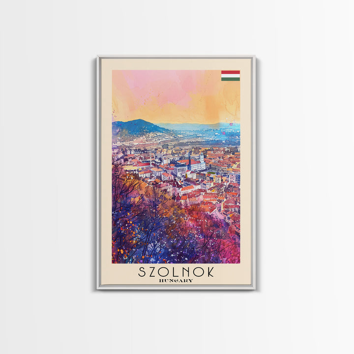 Szolnok Hungary Travel Poster Framed Canvas Print, Watercolor Painting, Scenic Wall Art, Home Decor, Hungarian Landscape, Traditional Art