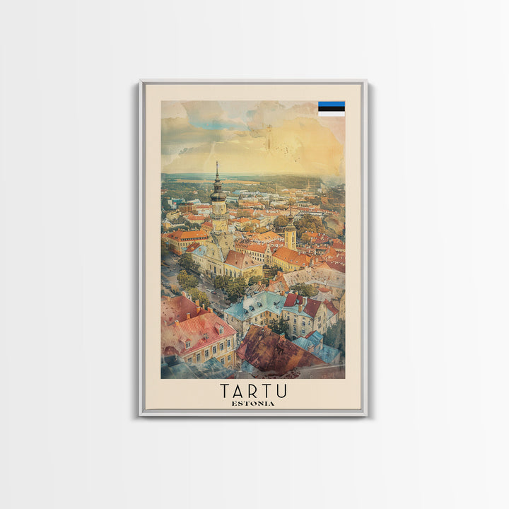 Tartu Estonia Travel Poster Framed Canvas Print, Watercolor Painting, Scenic Wall Art, Home Decor, Estonian Cityscape, Modern Decor