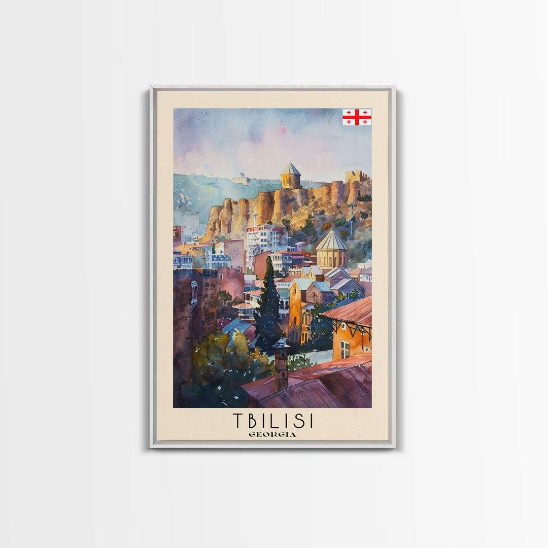 Tbilisi Georgia Travel Poster Framed Canvas Print, Watercolor Painting, Urban Wall Art, Home Decor, Georgian Cityscape, Artistic Decor