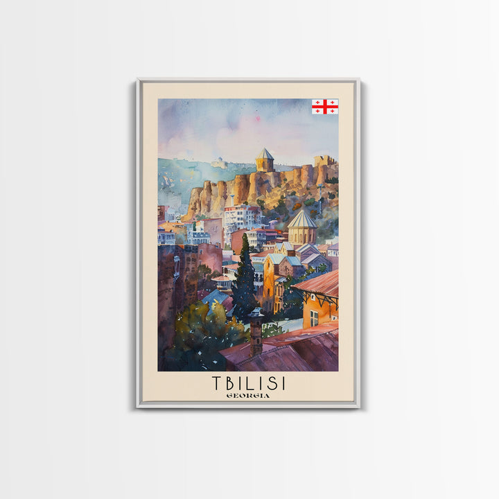 Tbilisi Georgia Travel Poster Framed Canvas Print, Watercolor Painting, Urban Wall Art, Home Decor, Georgian Cityscape, Artistic Decor