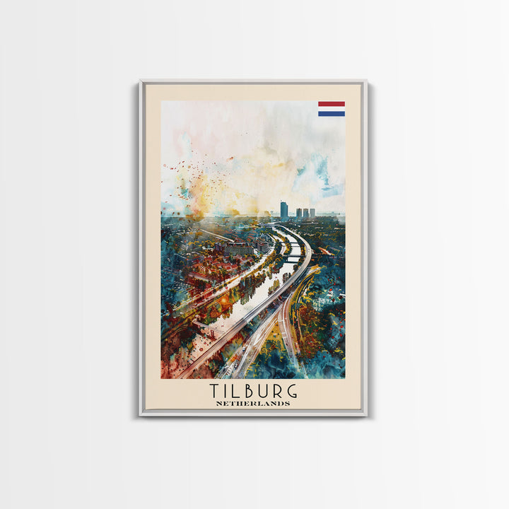Tilburg Netherlands Travel Poster Framed Canvas Print, Watercolor Painting, Urban Wall Art, Home Decor, Dutch Cityscape, Trendy Decor