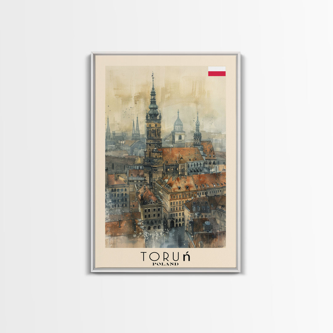Torun Poland Travel Poster Framed Canvas Print, Watercolor Painting, Historic Wall Art, Home Decor, Polish Cityscape, Medieval Art