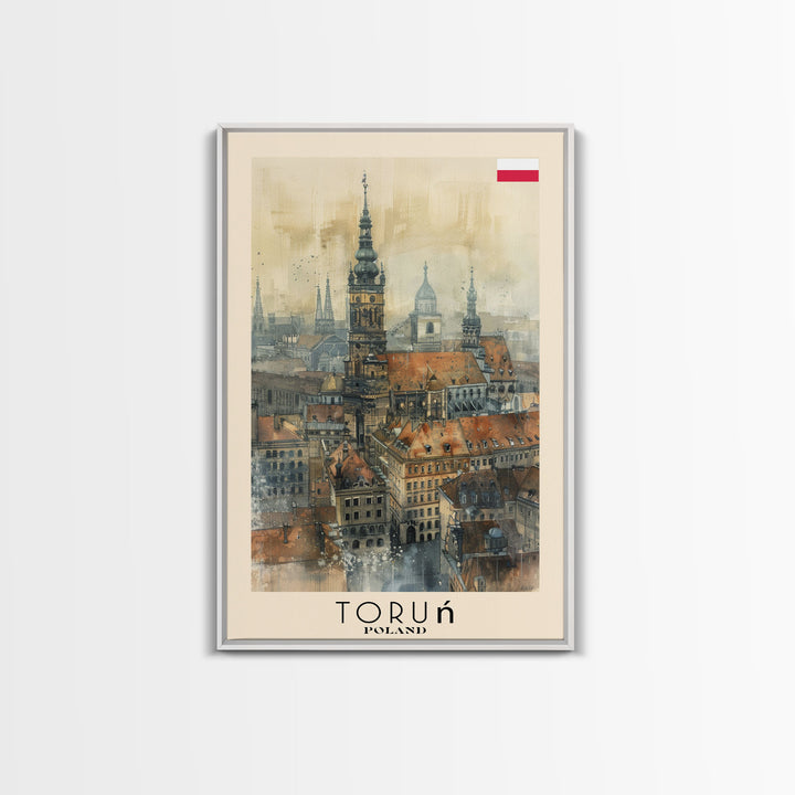 Torun Poland Travel Poster Framed Canvas Print, Watercolor Painting, Historic Wall Art, Home Decor, Polish Cityscape, Medieval Art