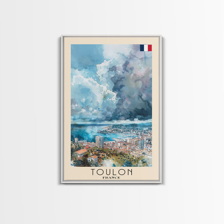 Toulon France Travel Poster Framed Canvas Print, Watercolor Painting, Coastal Wall Art, Home Decor, French Seaside, Nautical Decor