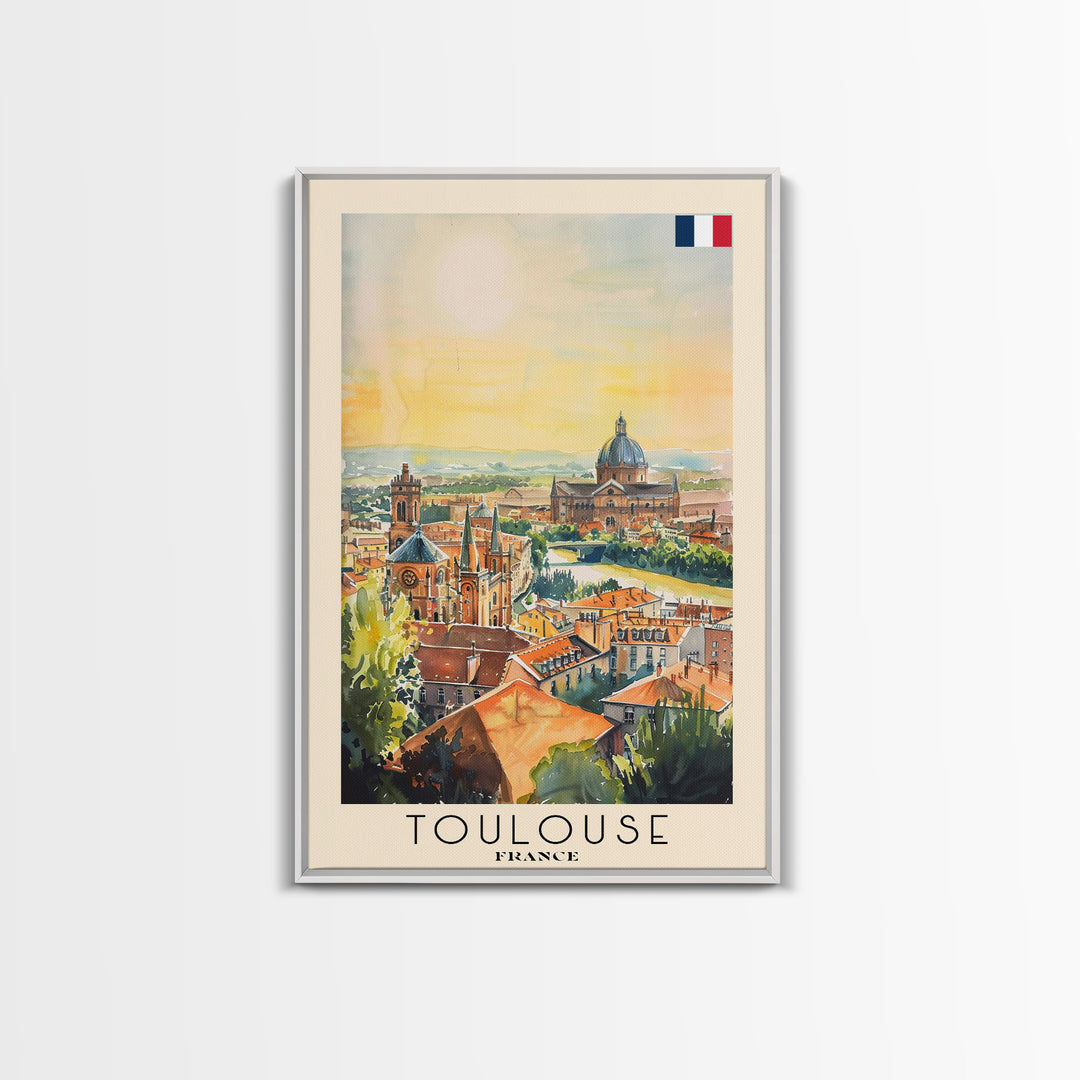 Toulouse France Travel Poster Framed Canvas Print, Watercolor Painting, Urban Wall Art, Home Decor, French Architecture, Stylish Decor