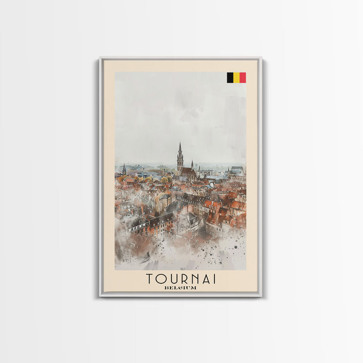 Tournai Belgium Travel Poster Framed Canvas Print, Watercolor Painting, Historic Wall Art, Home Decor, Belgian Cityscape, Heritage Art
