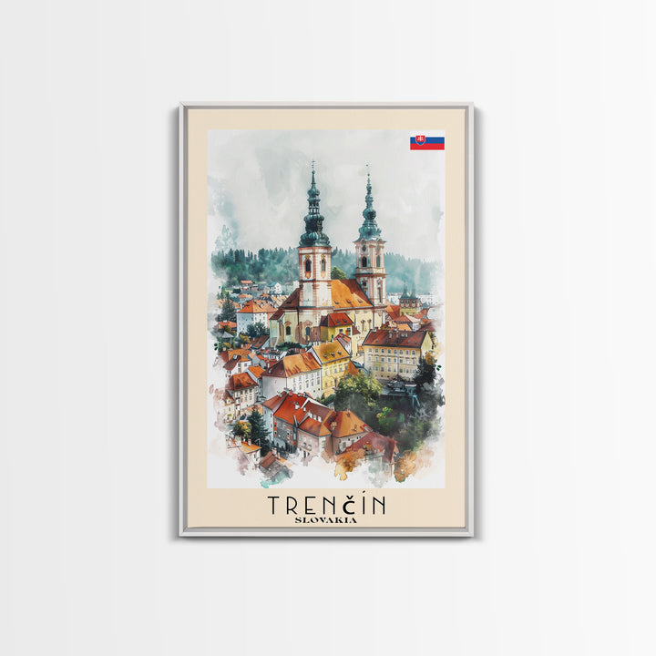 Trencin Slovakia Travel Poster Framed Canvas Print, Watercolor Painting, Scenic Wall Art, Home Decor, Slovakian Landscape, Alpine Decor