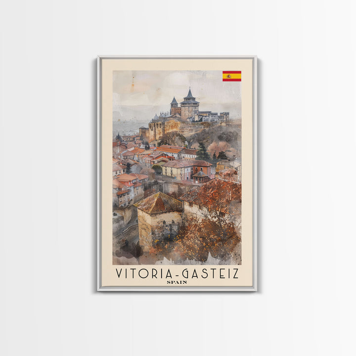 Vitoria Gasteiz Spain Travel Poster Framed Canvas Print, Watercolor Painting, Urban Wall Art, Home Decor, Spanish Cityscape, Trendy Art