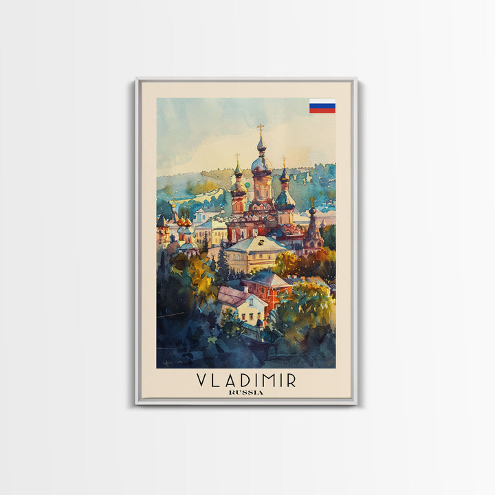 Vladimir Russia Travel Poster Framed Canvas Print, Watercolor Painting, Historic Wall Art, Home Decor, Russian Architecture, Classic Decor