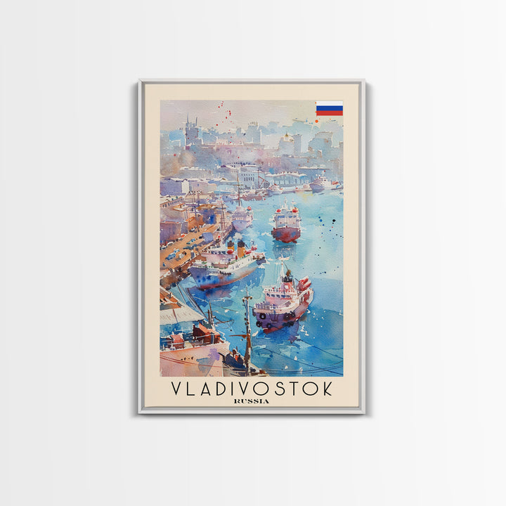 Vladivostok Russia Travel Poster Framed Canvas Print, Watercolor Painting, Coastal Wall Art, Home Decor, Russian Seaside, Nautical Art