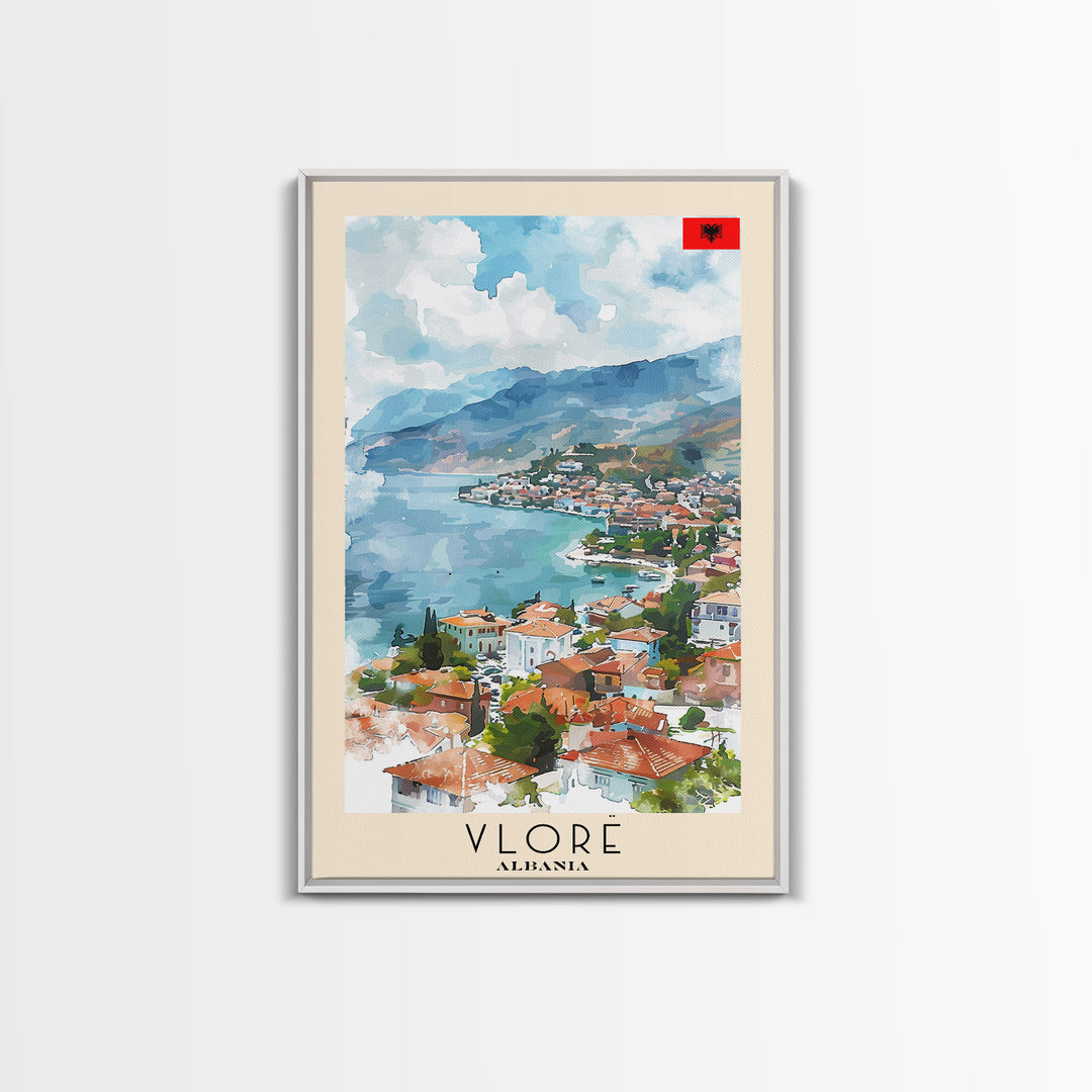 Vlor Albania Travel Poster Framed Canvas Print, Watercolor Painting, Scenic Wall Art, Home Decor, Albanian Landscape, Exotic Decor