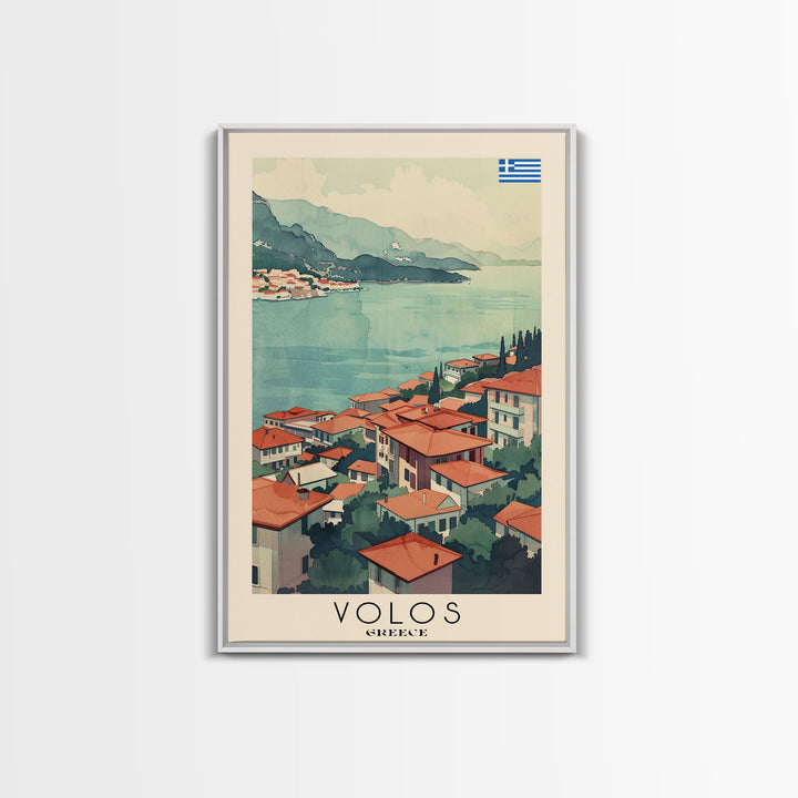 Volos Greece Travel Poster Framed Canvas Print, Watercolor Painting, Coastal Wall Art, Home Decor, Greek Seaside, Mediterranean Art