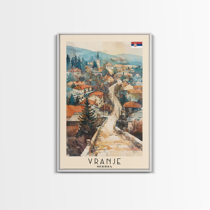 Vranje Serbia Travel Poster Framed Canvas Print, Watercolor Painting, Scenic Wall Art, Home Decor, Serbian Landscape, Traditional Art