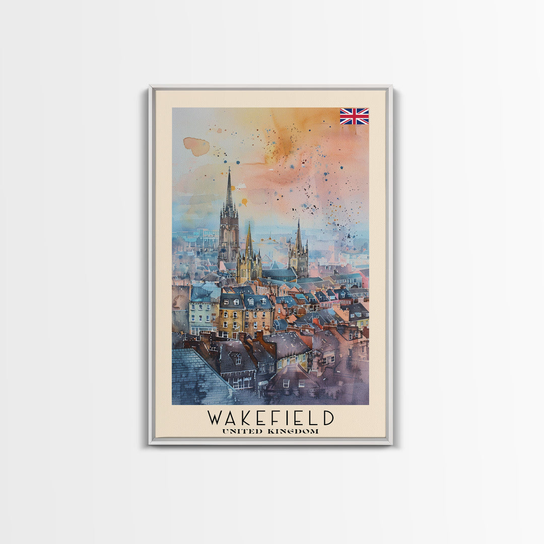 Wakefield United Kingdom Travel Poster Framed Canvas Print, Watercolor Painting, Urban Wall Art, Home Decor, British Cityscape, Elegant Decor