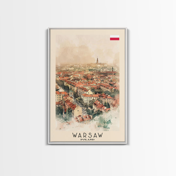 Warsaw Poland Travel Poster Framed Canvas Print, Watercolor Painting, Historic Wall Art, Home Decor, Polish Cityscape, Unique Gift Idea