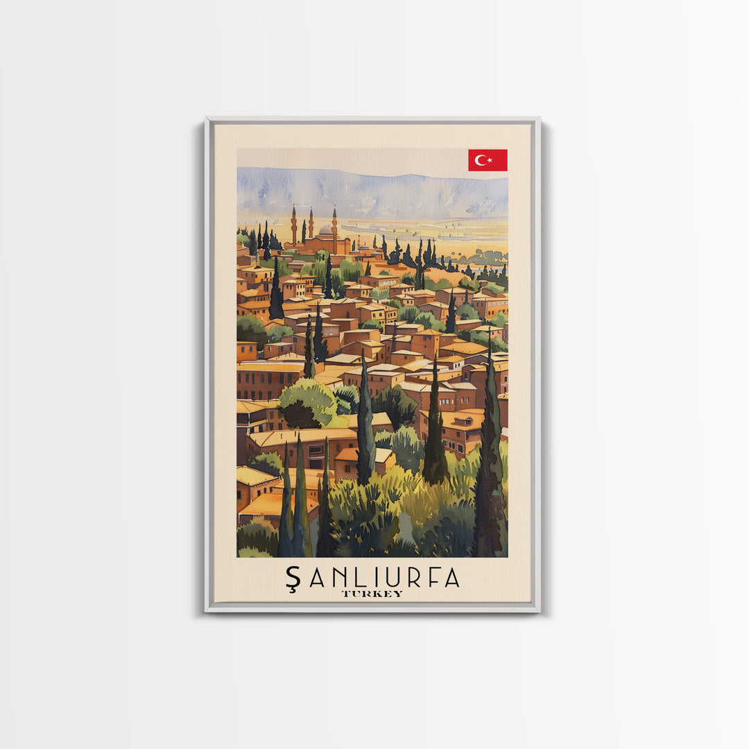 Historical Sanliurfa Panorama, Framed Canvas Print, Perfect for Bedroom Art, Travel Poster, Rustic Home Decoration, Watercolor Painting