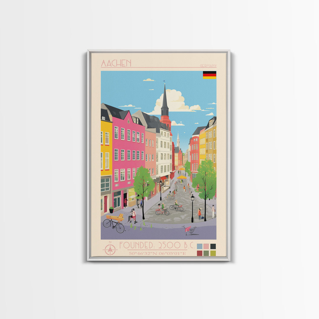 Aachen Germany Travel Poster Framed Canvas Print, Midcentury Modern Wall Art, Pop Art Home Decor, Vacation Gift, Living Room Art, Architectural Print