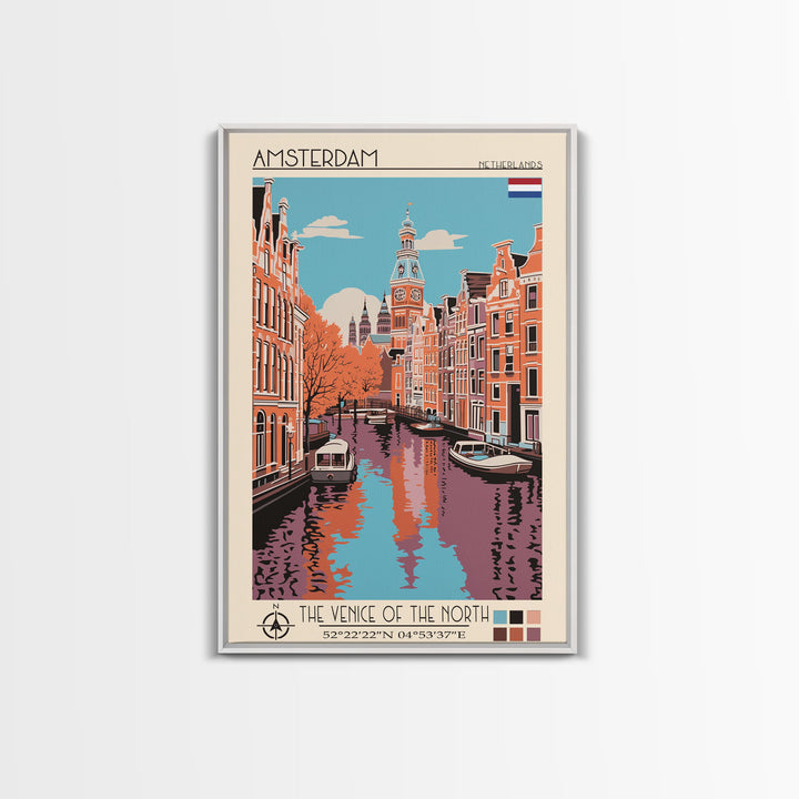 Amsterdam Netherlands Travel Poster Framed Canvas Print, Midcentury Modern Art, Pop Art Decor, Wall Art, Vacation Gift, Living Room Decoration, Scenic Print