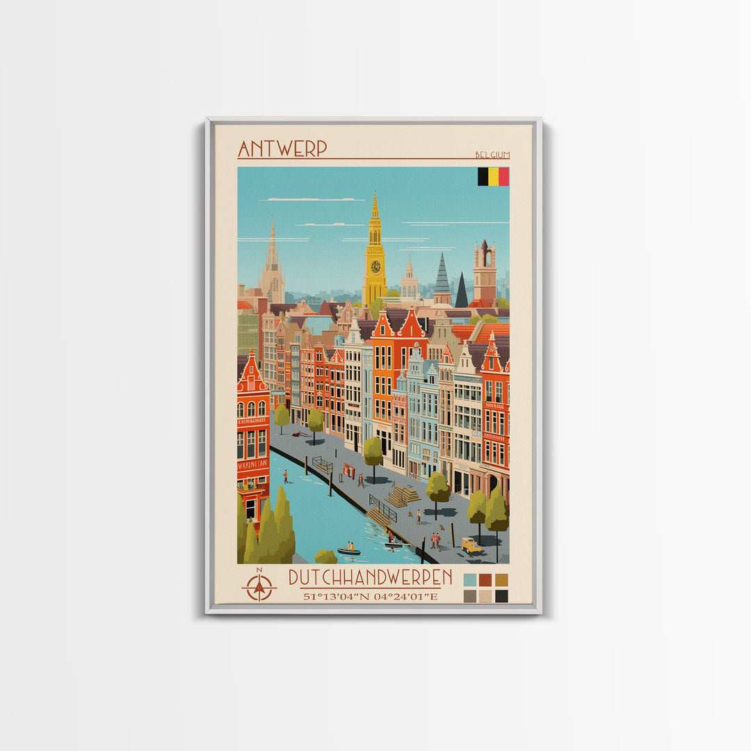 Antwerp Belgium Travel Poster Framed Canvas Print, Midcentury Modern Art, Pop Art Wall Decor, Home Decor, Vacation Gift, Living Room Art