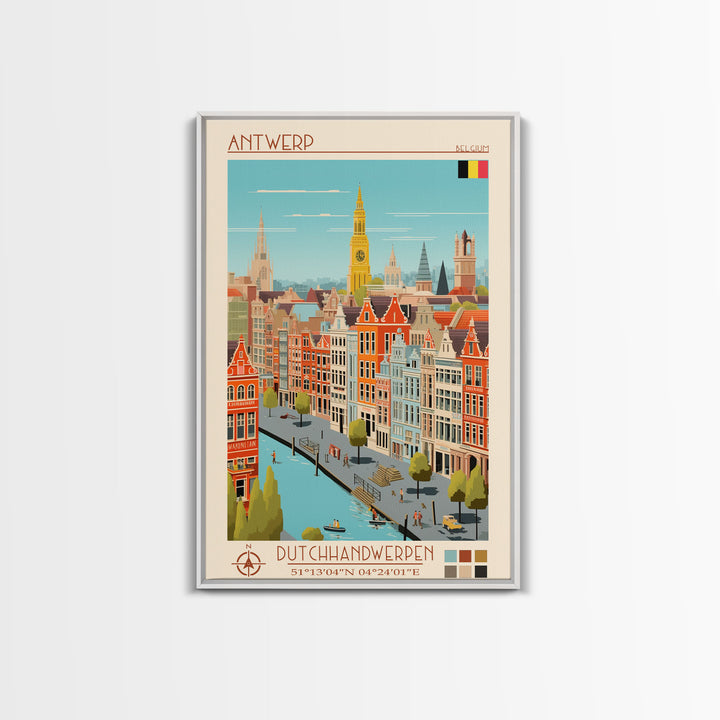 Antwerp Belgium Travel Poster Framed Canvas Print, Midcentury Modern Art, Pop Art Wall Decor, Home Decor, Vacation Gift, Living Room Art