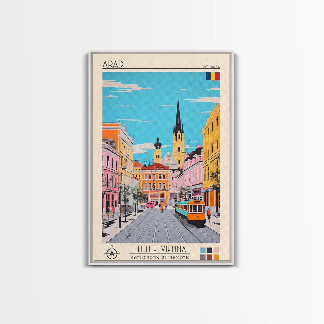 Arad Romania Travel Poster Framed Canvas Print, Midcentury Modern Art, Pop Art Wall Decor, Home Decor, Vacation Gift, Living Room Art