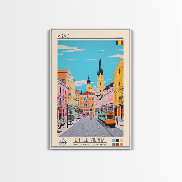 Arad Romania Travel Poster Framed Canvas Print, Midcentury Modern Art, Pop Art Wall Decor, Home Decor, Vacation Gift, Living Room Art